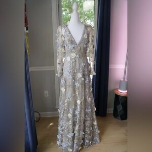 Sz Small Dress the Population Embroidered Mesh Gown with 3D Floral Appliqué NWOT